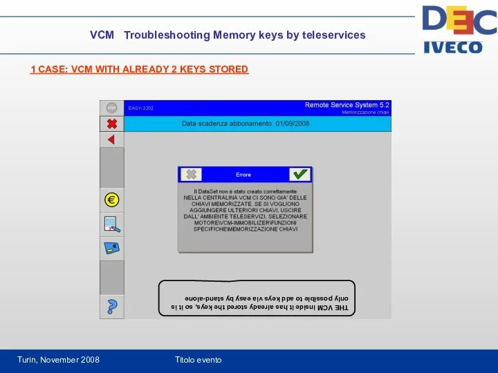 Turin, November 2008 Titolo evento VCM Troubleshooting Memory keys by teleservices