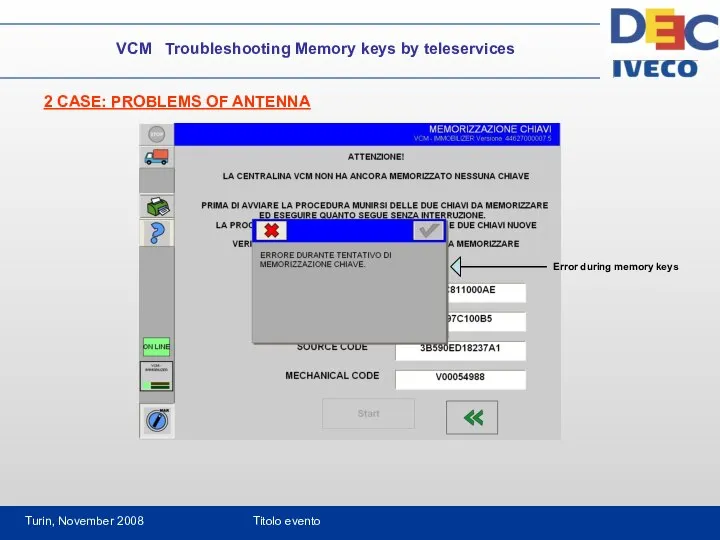 Turin, November 2008 Titolo evento VCM Troubleshooting Memory keys by teleservices