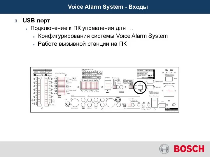 Voice Alarm System - Входы USB порт Подключение к ПК управления