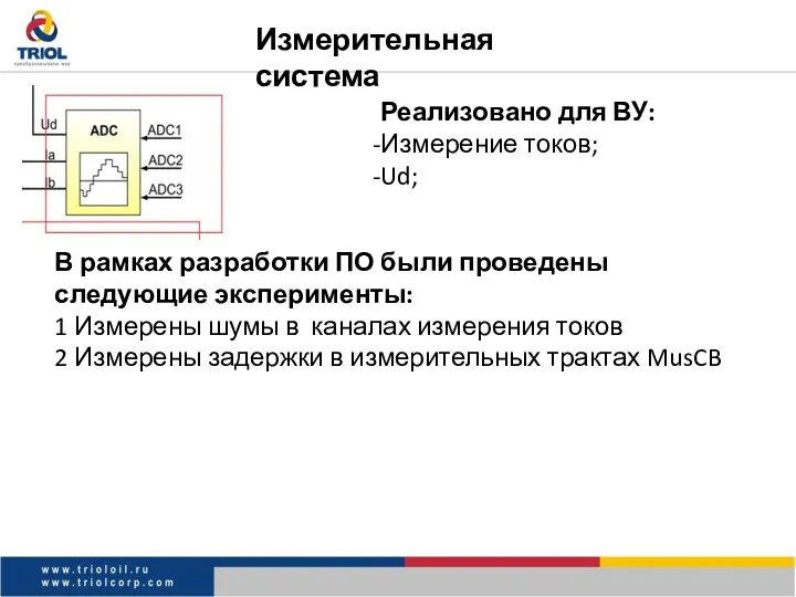 Измерительная система Реализовано для ВУ: Измерение токов; Ud; В рамках разработки