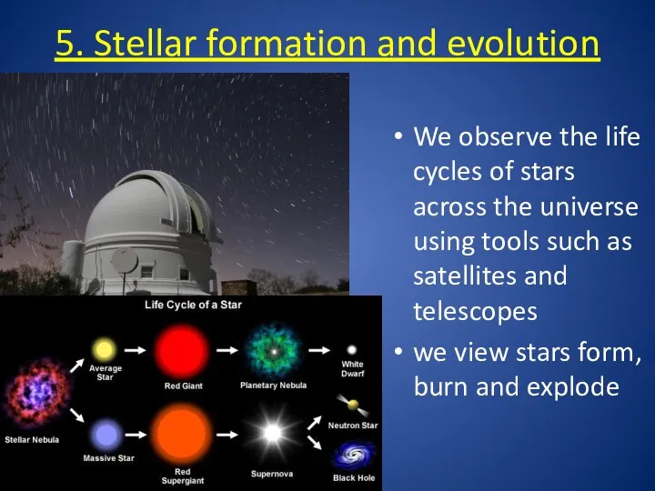 5. Stellar formation and evolution We observe the life cycles of