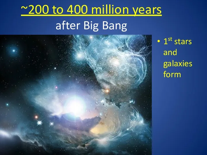 ~200 to 400 million years after Big Bang 1st stars and galaxies form