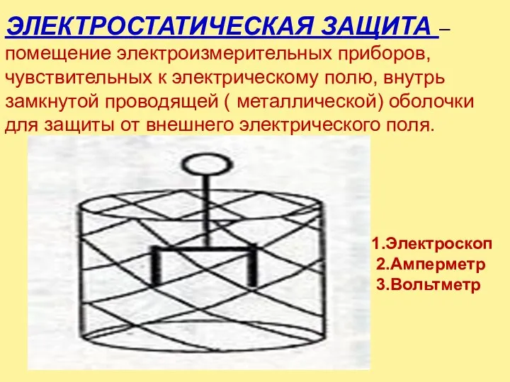 ЭЛЕКТРОСТАТИЧЕСКАЯ ЗАЩИТА – помещение электроизмерительных приборов, чувствительных к электрическому полю, внутрь