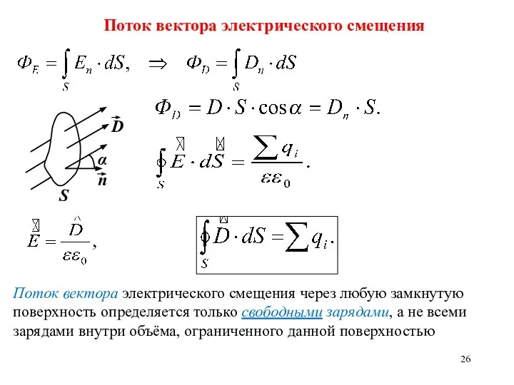 Поток вектора электрического смещения Поток вектора электрического смещения через любую замкнутую