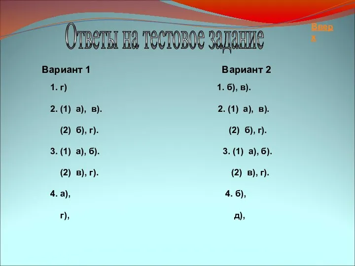 Ответы на тестовое задание Вариант 1 Вариант 2 1. г) 1.