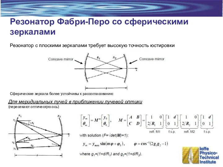 Резонатор Фабри-Перо со сферическими зеркалами Резонатор с плоскими зеркалами требует высокую