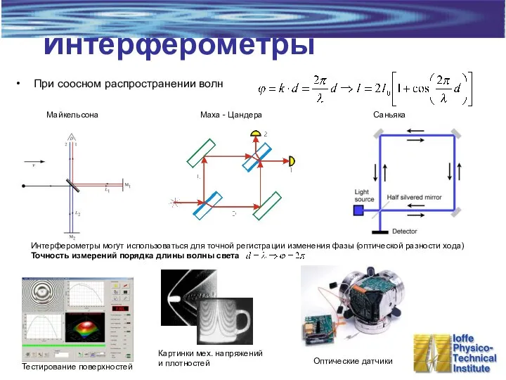 Интерферометры При соосном распространении волн Интерферометры могут использоваться для точной регистрации