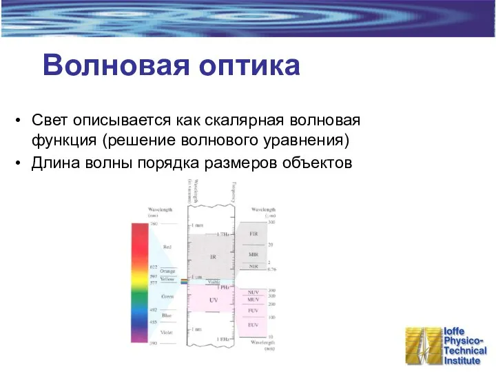 Волновая оптика Свет описывается как скалярная волновая функция (решение волнового уравнения) Длина волны порядка размеров объектов