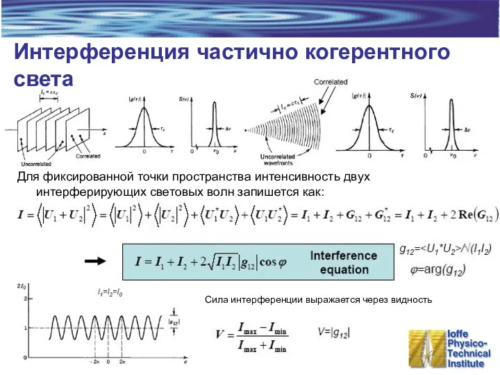 Интерференция частично когерентного света Для фиксированной точки пространства интенсивность двух интерферирующих