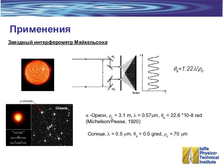 Применения Звездный интерферометр Майкельсона α -Орион, ρc = 3.1 m, λ