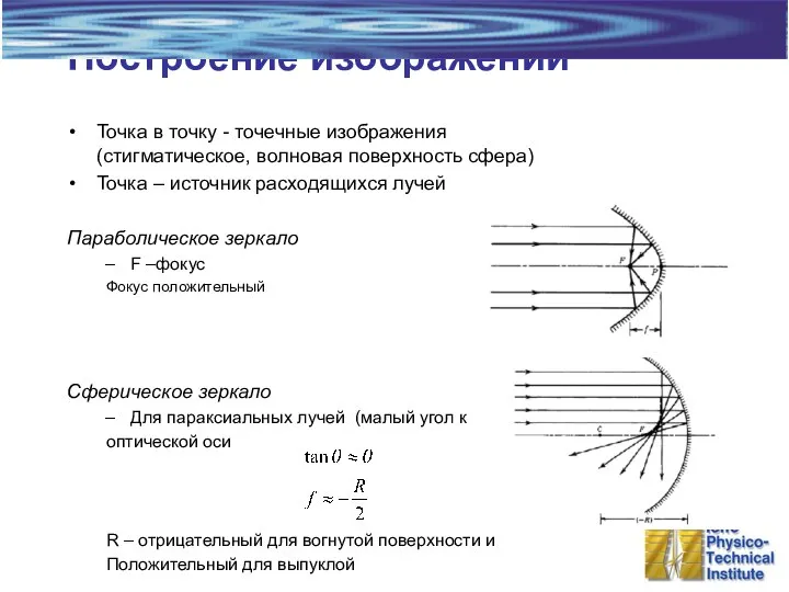 Построение изображений Точка в точку - точечные изображения (стигматическое, волновая поверхность