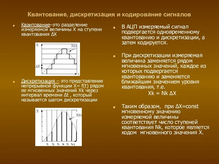 Квантование, дискретизация и кодирование сигналов Квантование–это разделение измеряемой величины Х на