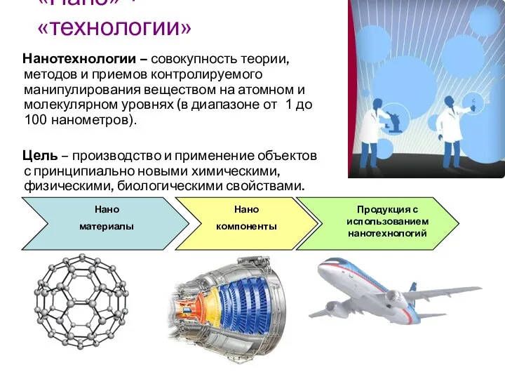 Нанотехнологии – совокупность теории, методов и приемов контролируемого манипулирования веществом на