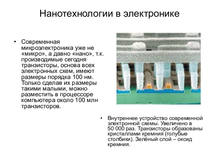 Нанотехнологии в электронике Современная микроэлектроника уже не «микро», а давно «нано»,