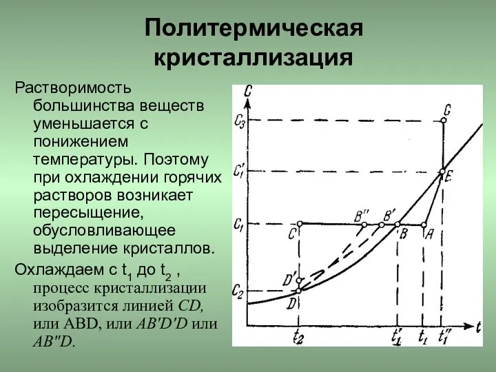 Политермическая кристаллизация Растворимость большинства веществ уменьшается с понижением температуры. Поэтому при