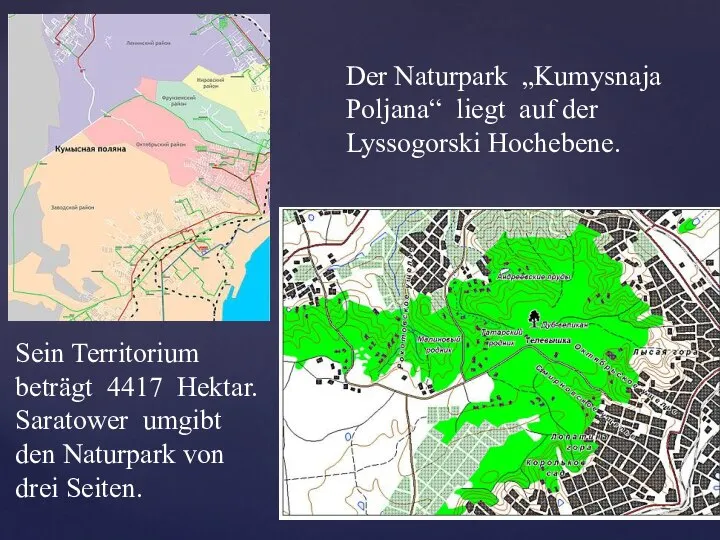 Der Naturpark „Kumysnaja Poljana“ liegt auf der Lyssogorski Hochebene. Sein Territorium