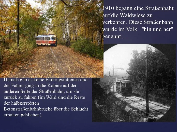 1910 begann eine Straßenbaht auf die Waldwiese zu verkehren. Diese Straßenbahn