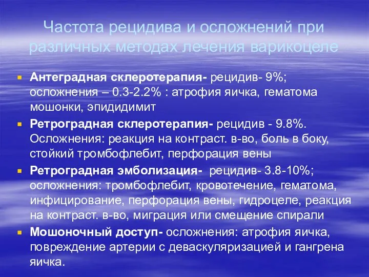 Частота рецидива и осложнений при различных методах лечения варикоцеле Антеградная склеротерапия-