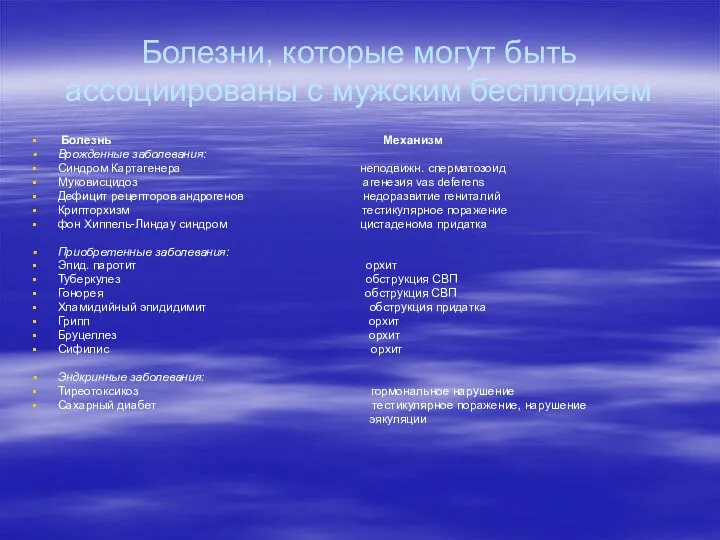 Болезни, которые могут быть ассоциированы с мужским бесплодием Болезнь Механизм Врожденные