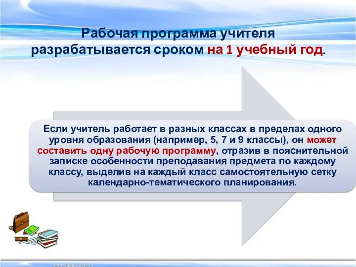 Рабочая программа учителя разрабатывается сроком на 1 учебный год.