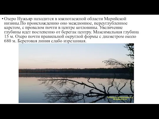 Озеро Нужьяр находится в южнотаежной области Марийской низины.По происхождению оно междюнное,