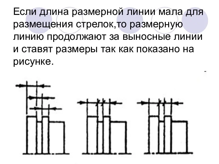 Если длина размерной линии мала для размещения стрелок,то размерную линию продолжают