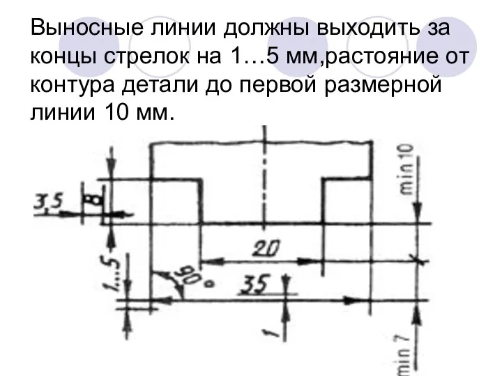 Выносные линии должны выходить за концы стрелок на 1…5 мм,растояние от