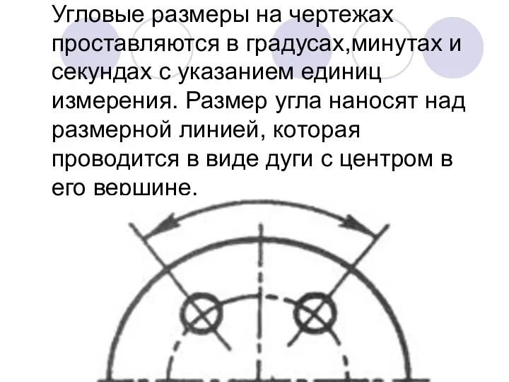 Угловые размеры на чертежах проставляются в градусах,минутах и секундах с указанием