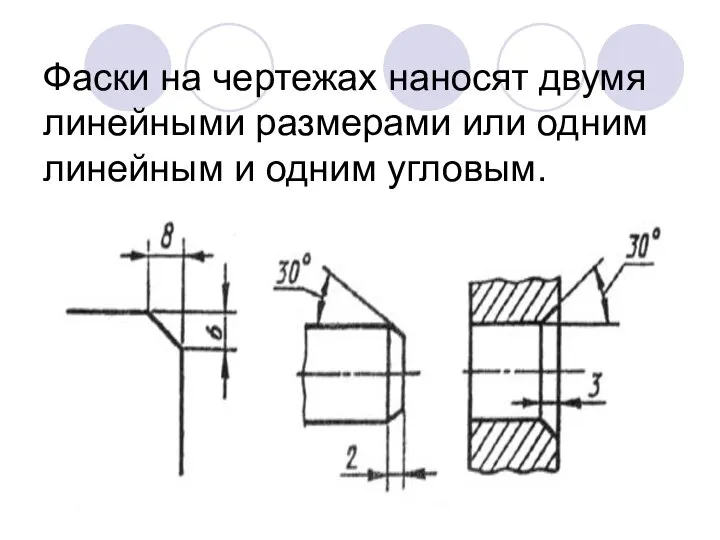 Фаски на чертежах наносят двумя линейными размерами или одним линейным и одним угловым.