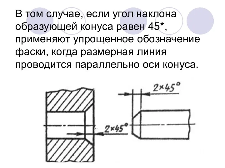 В том случае, если угол наклона образующей конуса равен 45*,применяют упрощенное