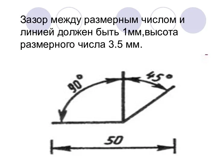 Зазор между размерным числом и линией должен быть 1мм,высота размерного числа 3.5 мм.