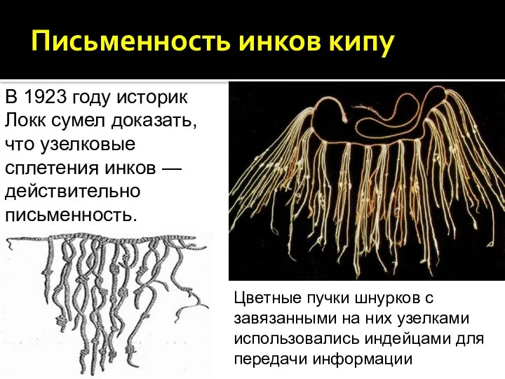 Письменность инков кипу Цветные пучки шнурков с завязанными на них узелками