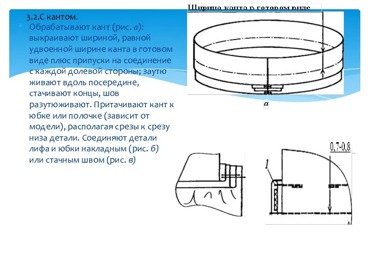 3.2.С кантом. Обрабатывают кант (рис. а): выкраивают шири­ной, равной удвоенной ширине