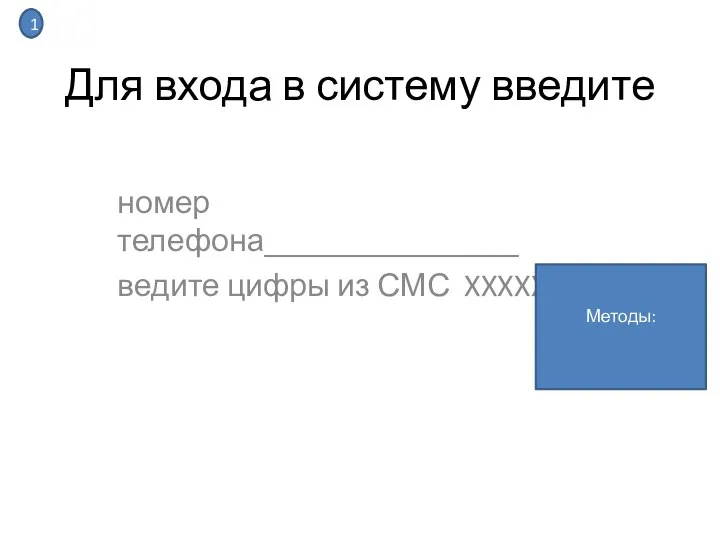 Для входа в систему введите номер телефона________________ ведите цифры из СМС XXXXXX 1 Методы: