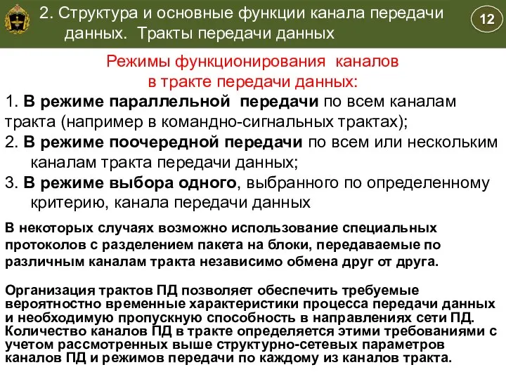 Учебные вопросы Режимы функционирования каналов в тракте передачи данных: 1. В