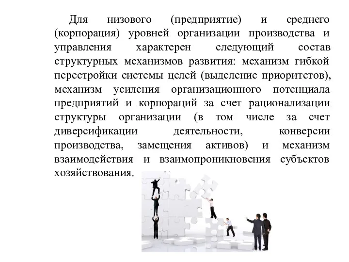 Для низового (предприятие) и среднего (корпорация) уровней организации производства и управления