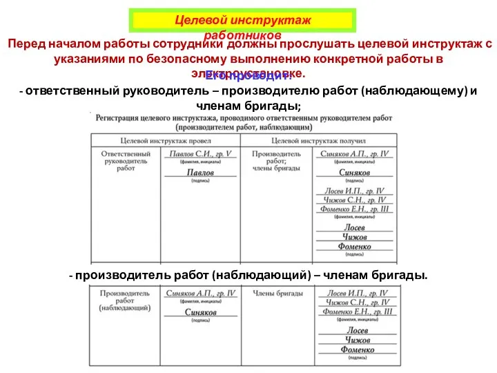 Целевой инструктаж работников Перед началом работы сотрудники должны прослушать целевой инструктаж