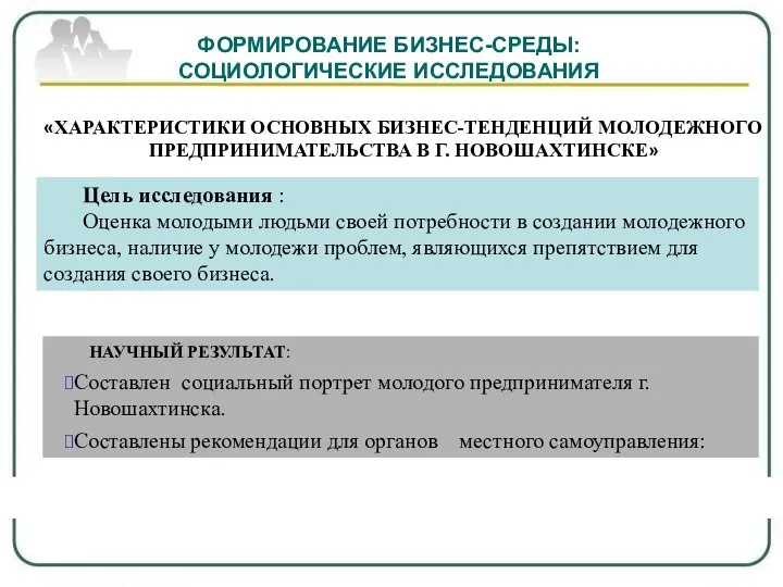 ФОРМИРОВАНИЕ БИЗНЕС-СРЕДЫ: СОЦИОЛОГИЧЕСКИЕ ИССЛЕДОВАНИЯ «ХАРАКТЕРИСТИКИ ОСНОВНЫХ БИЗНЕС-ТЕНДЕНЦИЙ МОЛОДЕЖНОГО ПРЕДПРИНИМАТЕЛЬСТВА В Г.