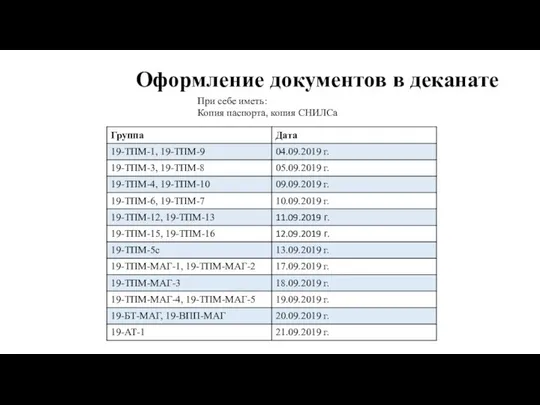 Оформление документов в деканате При себе иметь: Копия паспорта, копия СНИЛСа