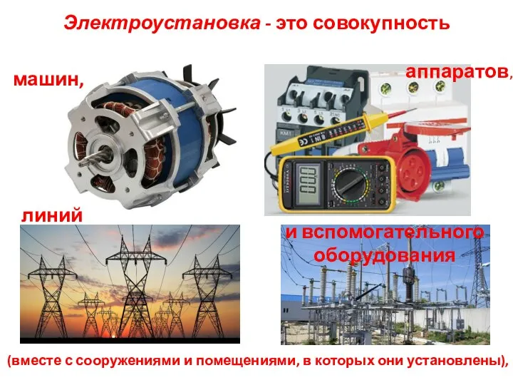 Электроустановка - это совокупность (вместе с сооружениями и помещениями, в которых