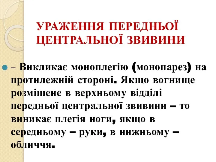 УРАЖЕННЯ ПЕРЕДНЬОЇ ЦЕНТРАЛЬНОЇ ЗВИВИНИ – Викликає моноплегію (монопарез) на протилежній стороні.