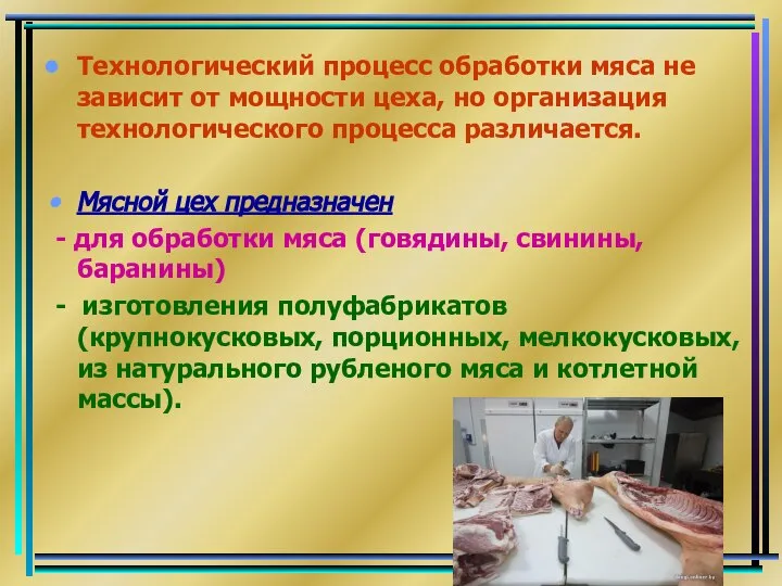 Технологический процесс обработки мяса не зависит от мощности цеха, но организация