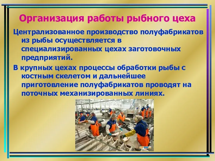 Организация работы рыбного цеха Централизованное производство полуфабрикатов из рыбы осуществляется в