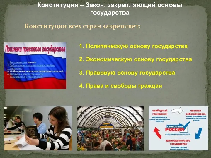 Конституция – Закон, закрепляющий основы государства Конституции всех стран закрепляет: 1.