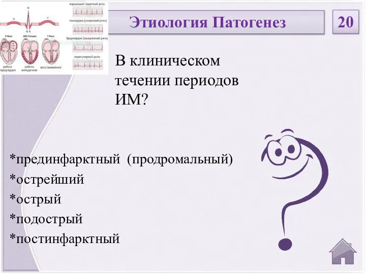 *прединфарктный (продромальный) *острейший *острый *подострый *постинфарктный В клиническом течении периодов ИМ? Этиология Патогенез 20