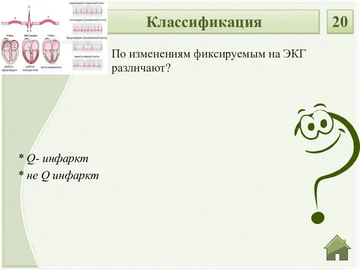 * Q- инфаркт * не Q инфаркт По изменениям фиксируемым на ЭКГ различают? Классификация 20