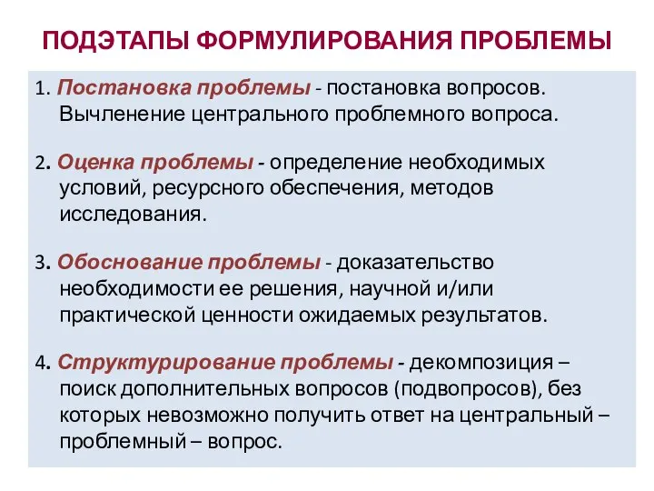 ПОДЭТАПЫ ФОРМУЛИРОВАНИЯ ПРОБЛЕМЫ 1. Постановка проблемы - постановка вопросов. Вычленение центрального