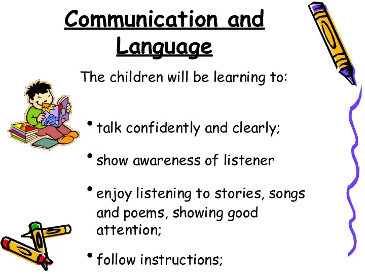 Communication and Language talk confidently and clearly; show awareness of listener