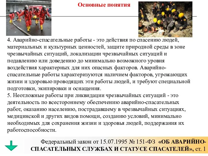 Основные понятия Федеральный закон от 15.07.1995 № 151-ФЗ «ОБ АВАРИЙНО-СПАСАТЕЛЬНЫХ СЛУЖБАХ