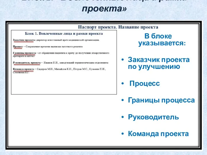 Блок 1: «Вовлеченные лица и рамки проекта» В блоке указывается: Заказчик